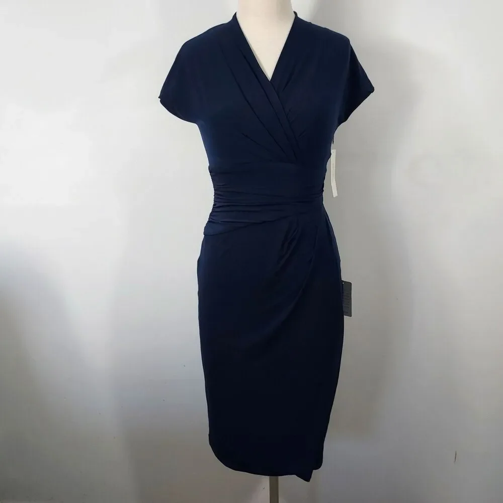 Ivy & Blu Maggy Boutique V-Neck Navy Blue Faux Wrap Dress Size 4 Flowy New